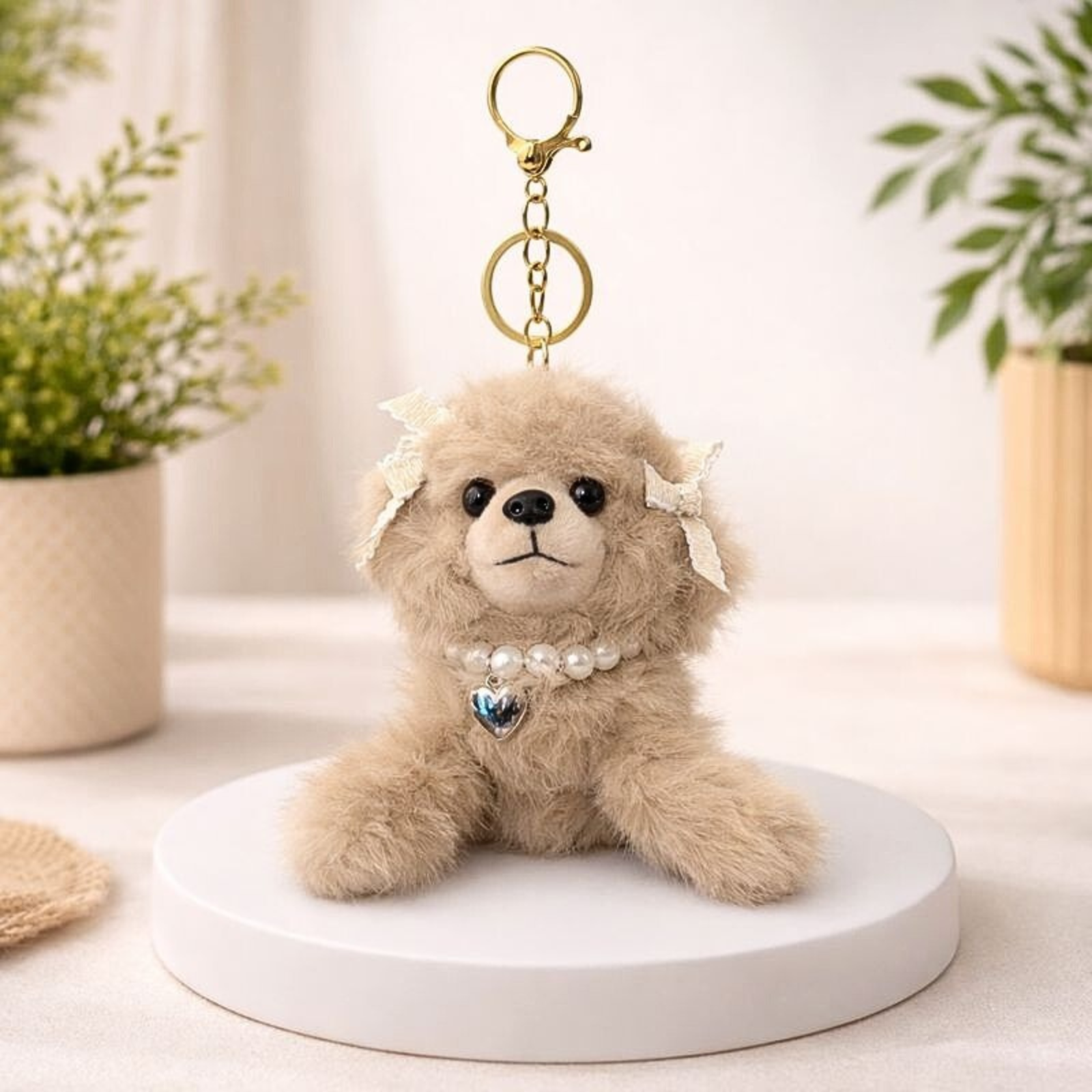 Cute Puppy Plush Keychain with Pearl Necklace & Heart Charm