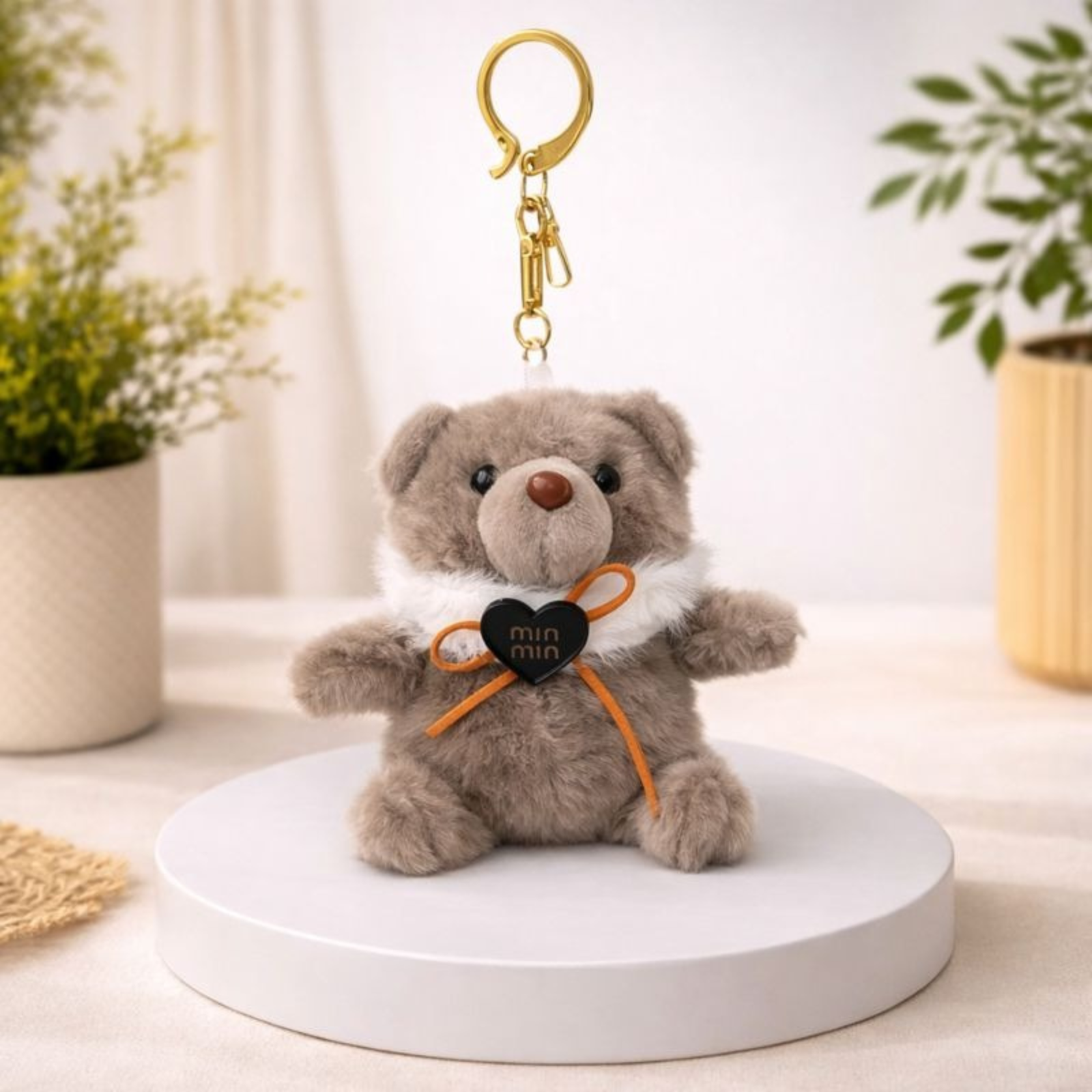Cute Grey Teddy Bear Plush Keychain with Black Heart Charm