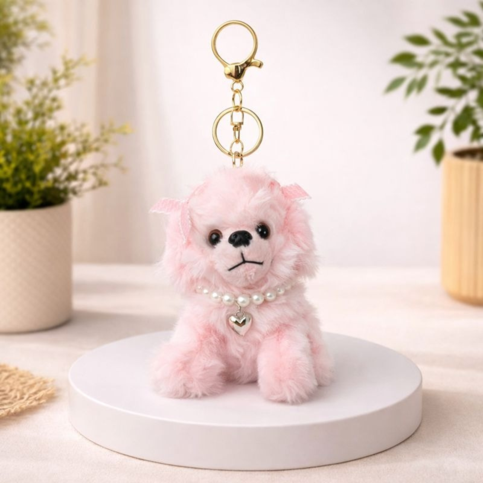 Cute Puppy Plush Keychain with Pearl Necklace & Heart Charm