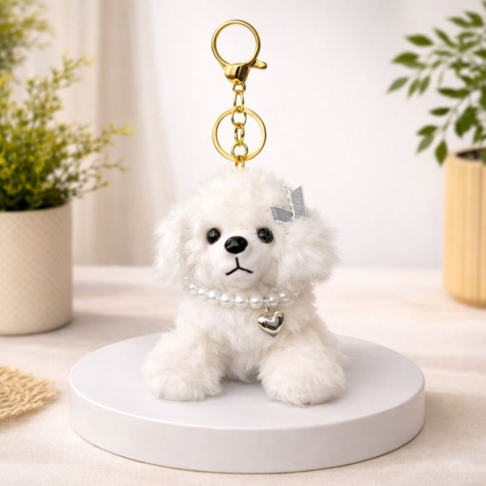Cute Puppy Plush Keychain with Pearl Necklace & Heart Charm