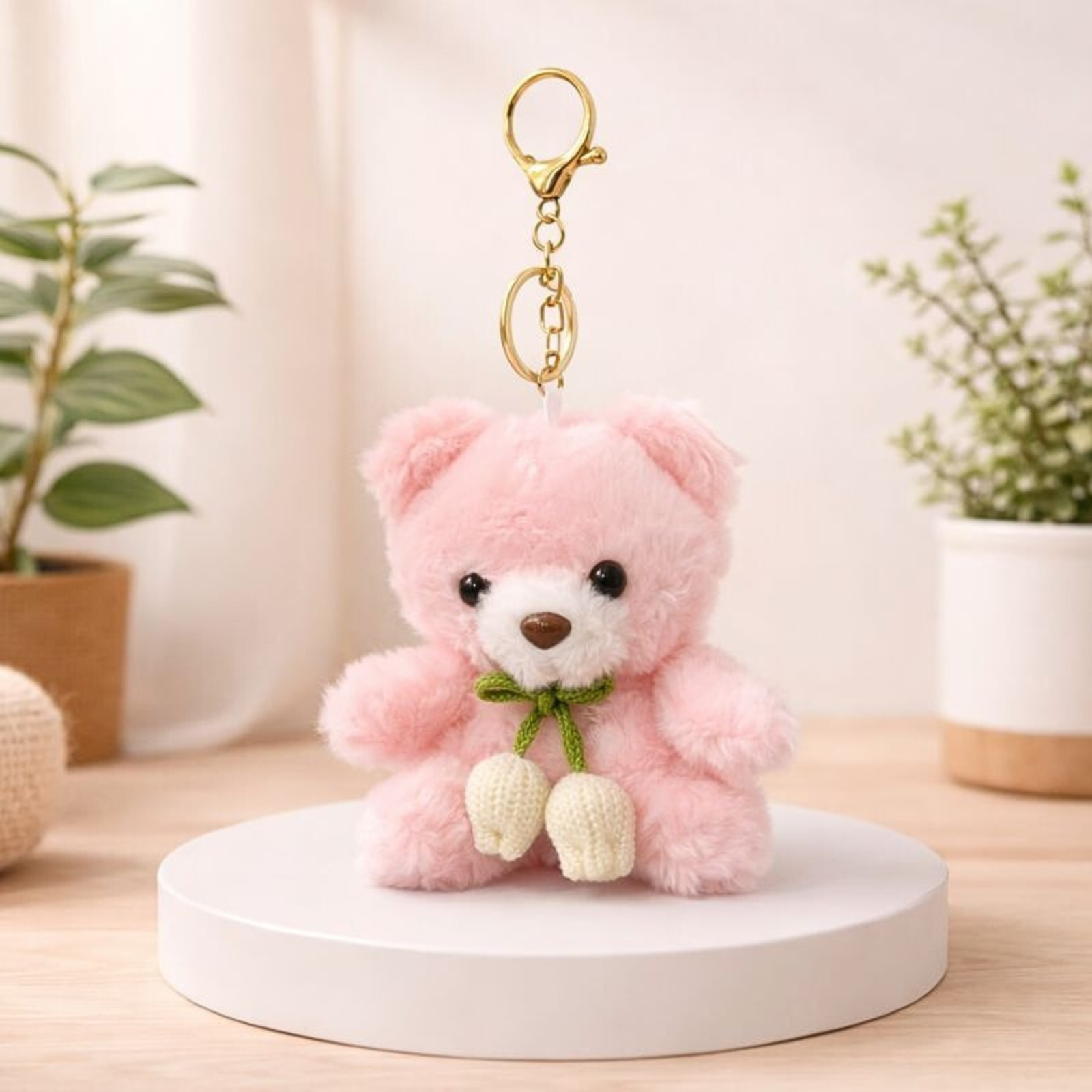 Cute Teddy Bear Plush Keychain with Crochet Flower Detail