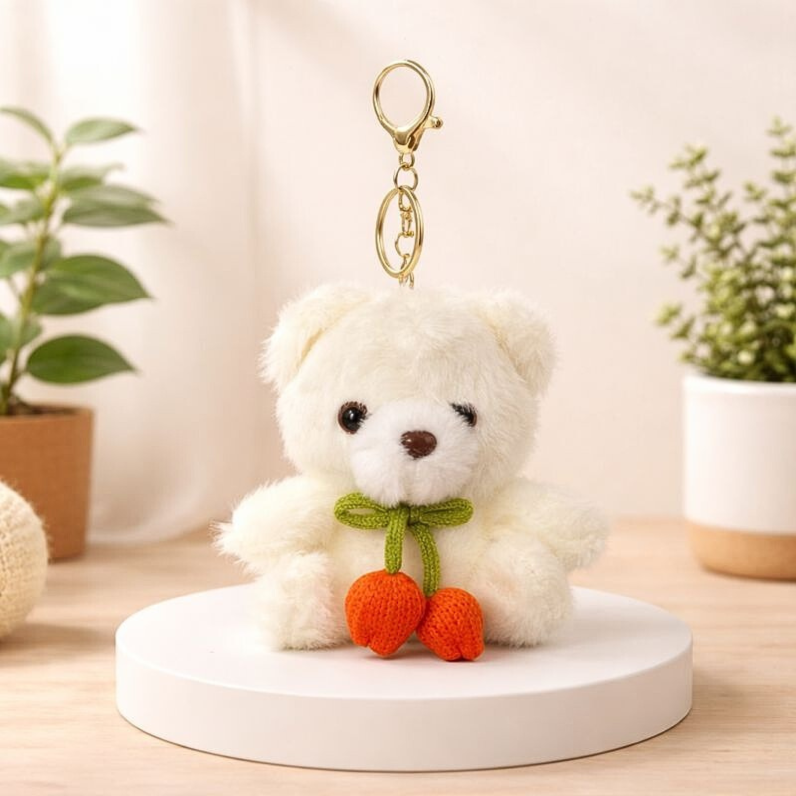 Cute Teddy Bear Plush Keychain with Crochet Flower Detail