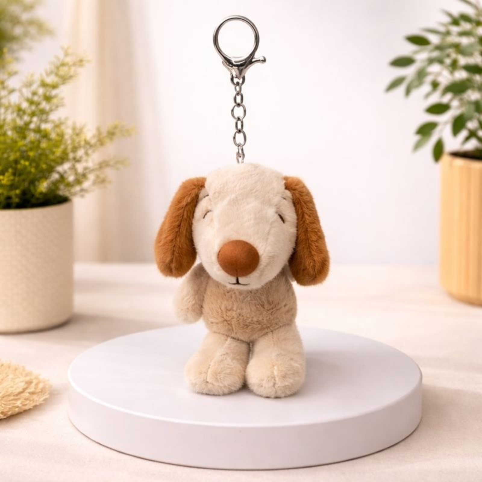 Cute Beige Puppy Plush Keychain with Floppy Brown Ears