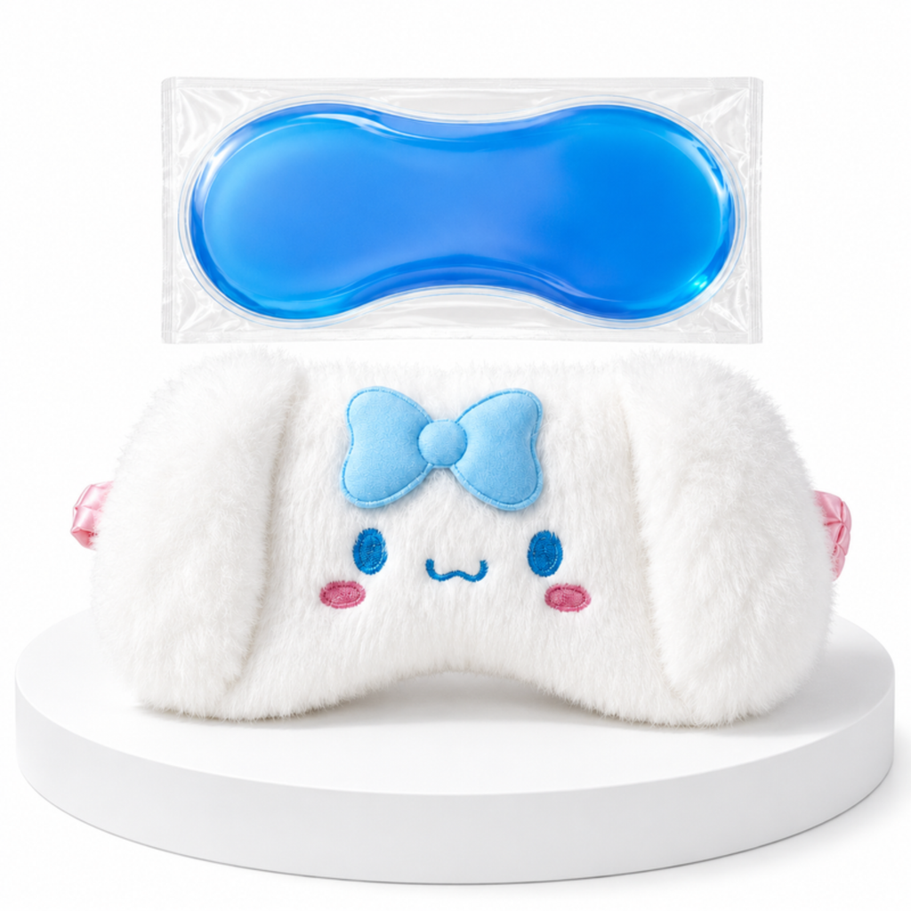 White Plush Cooling Eye Mask with Removable Blue Gel Pad and Blue Bow