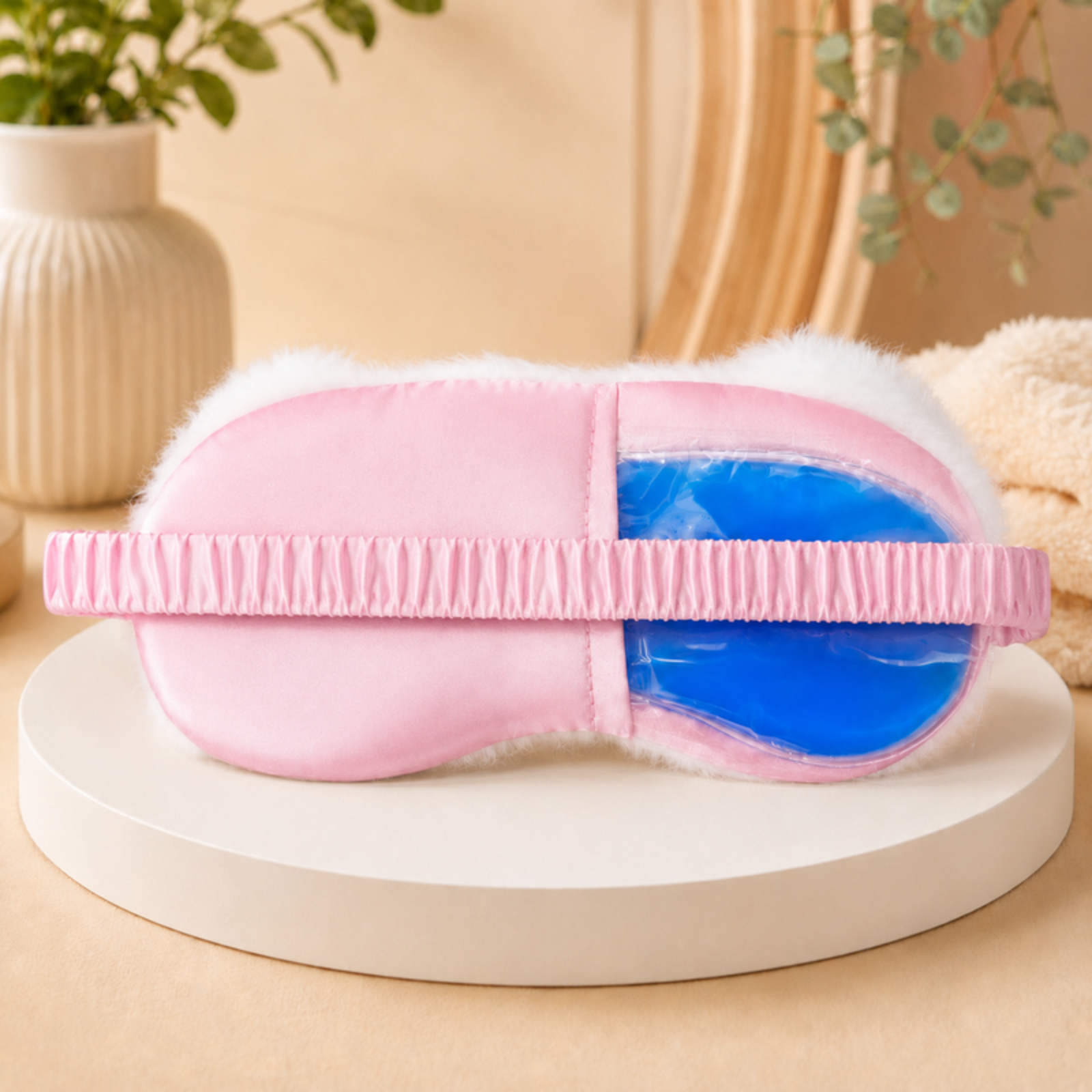 White Plush Cooling Eye Mask with Removable Blue Gel Pad and Blue Bow