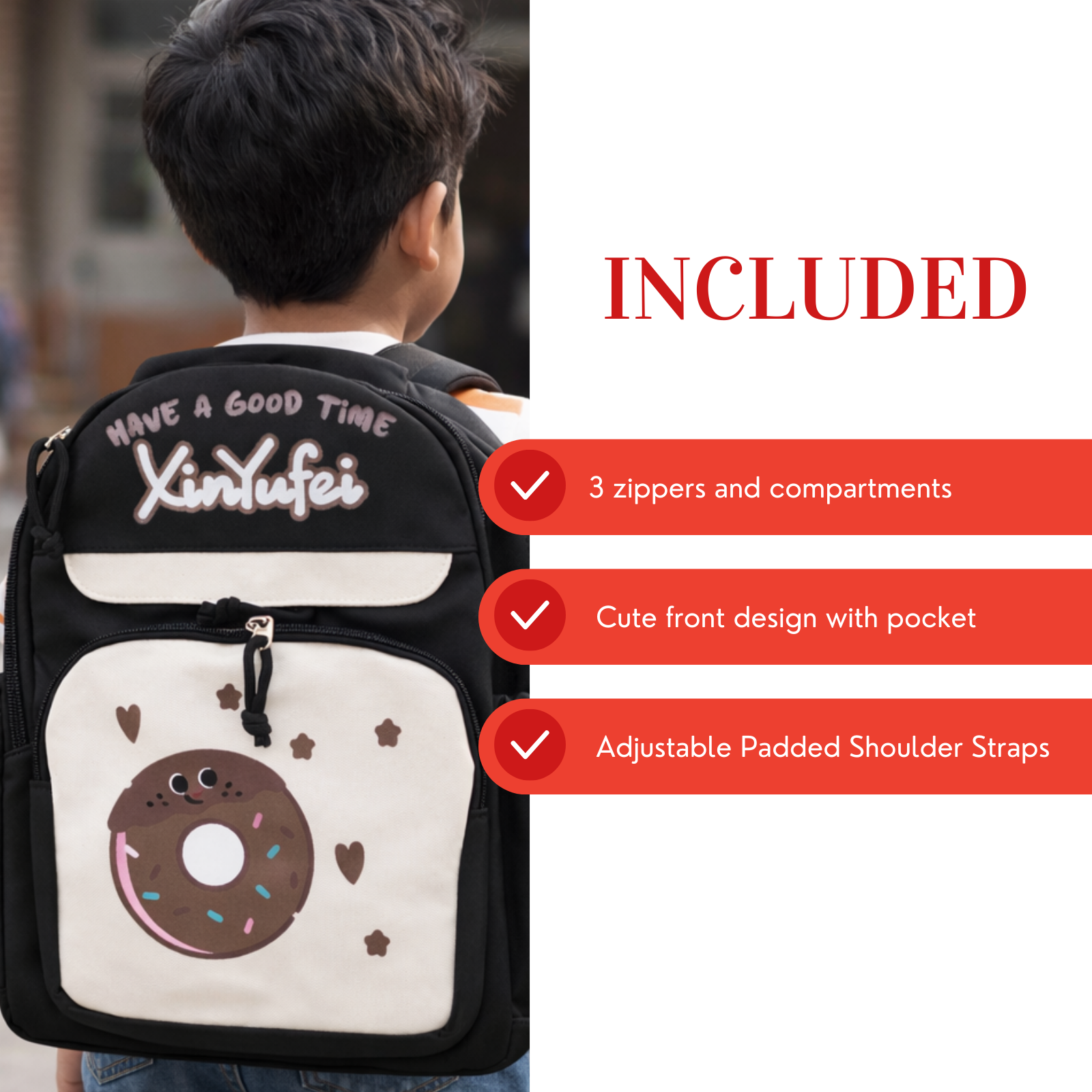 Donut Design Black Backpack with Chest Strap