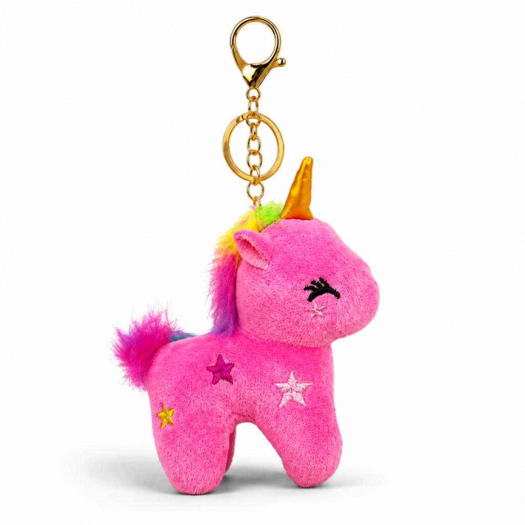 Magenta Unicorn Plush Bag Charm with Rainbow Mane & Gold Horn