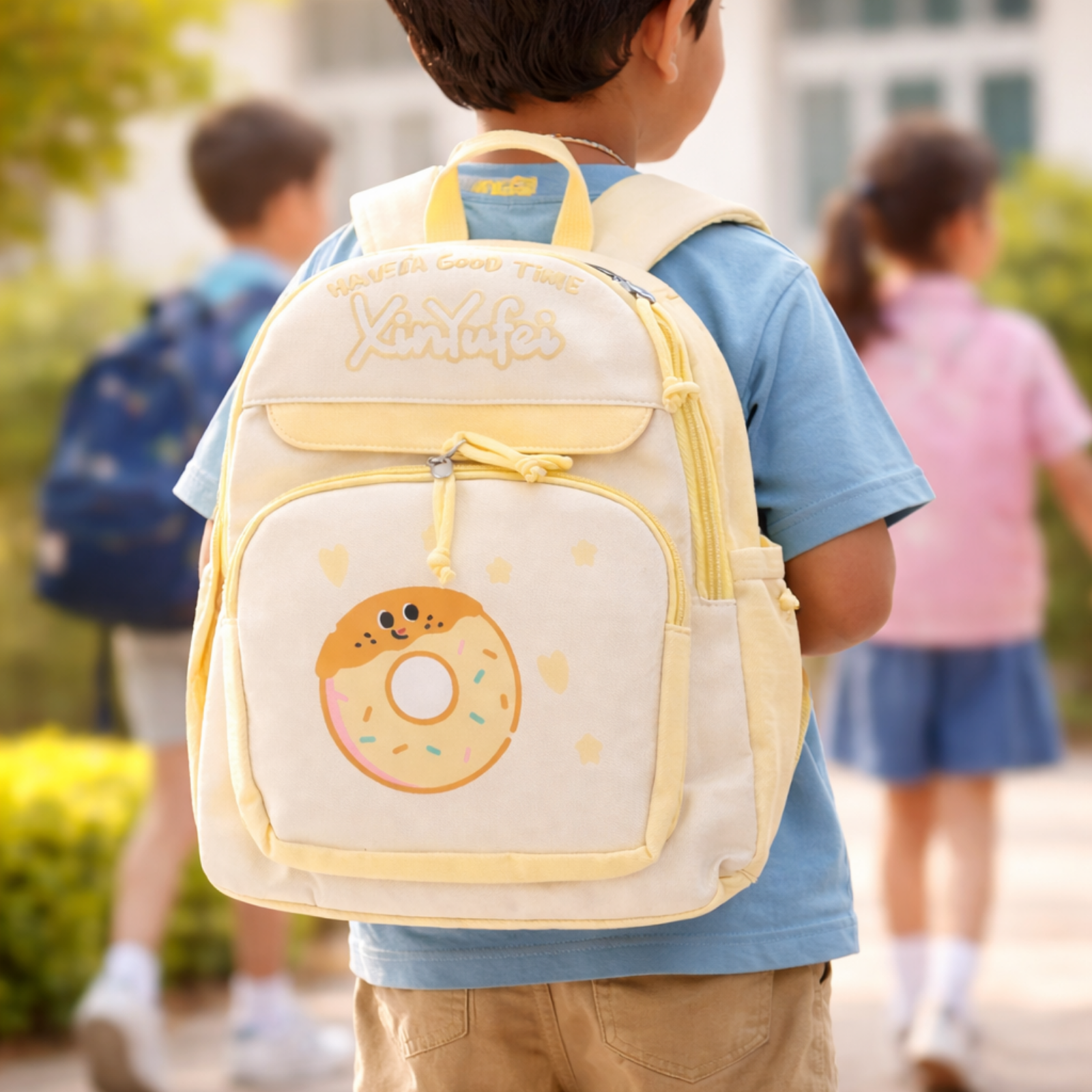 Donut Design Yellow Backpack with Chest Strap