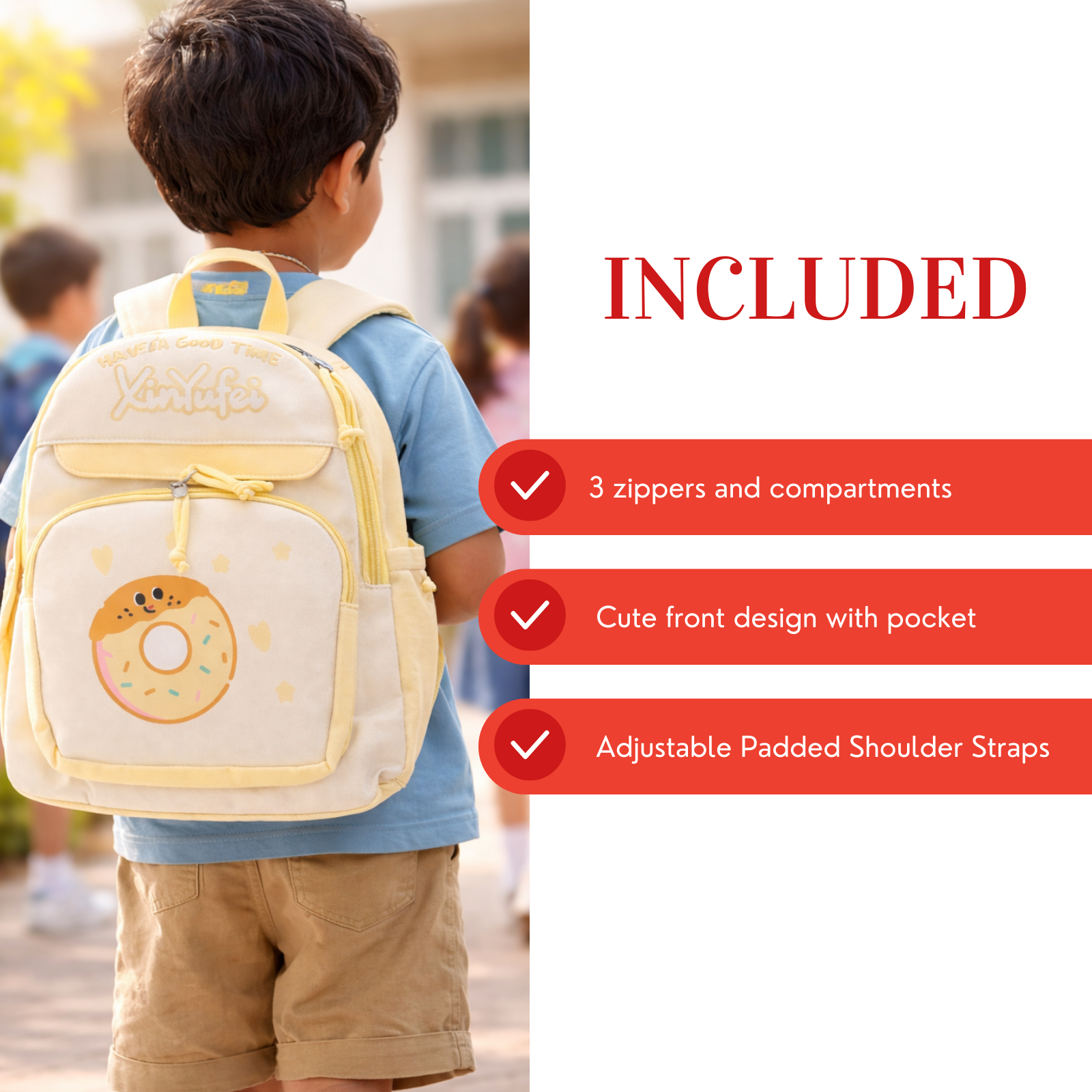 Donut Design Yellow Backpack with Chest Strap