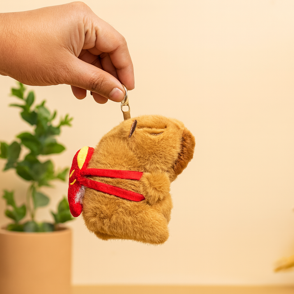 Cute Capybara Plush Keychain with Red Bag