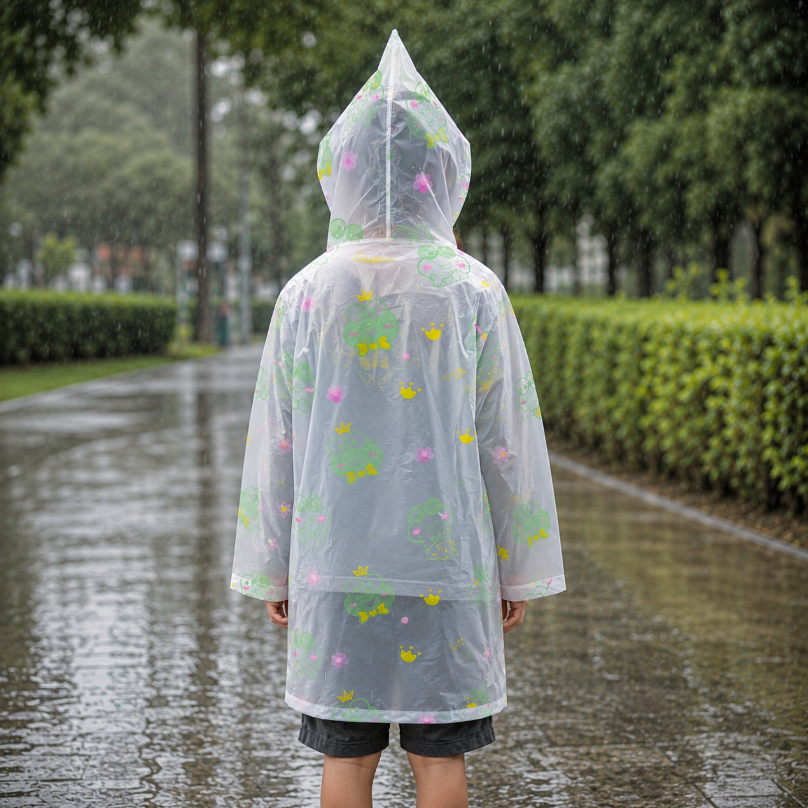 Clear Kids Raincoat with Green Frog Print