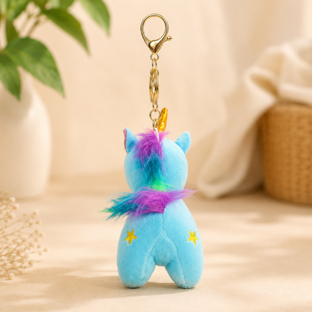 Blue Unicorn Plush Bag Charm with Rainbow Mane & Gold Horn