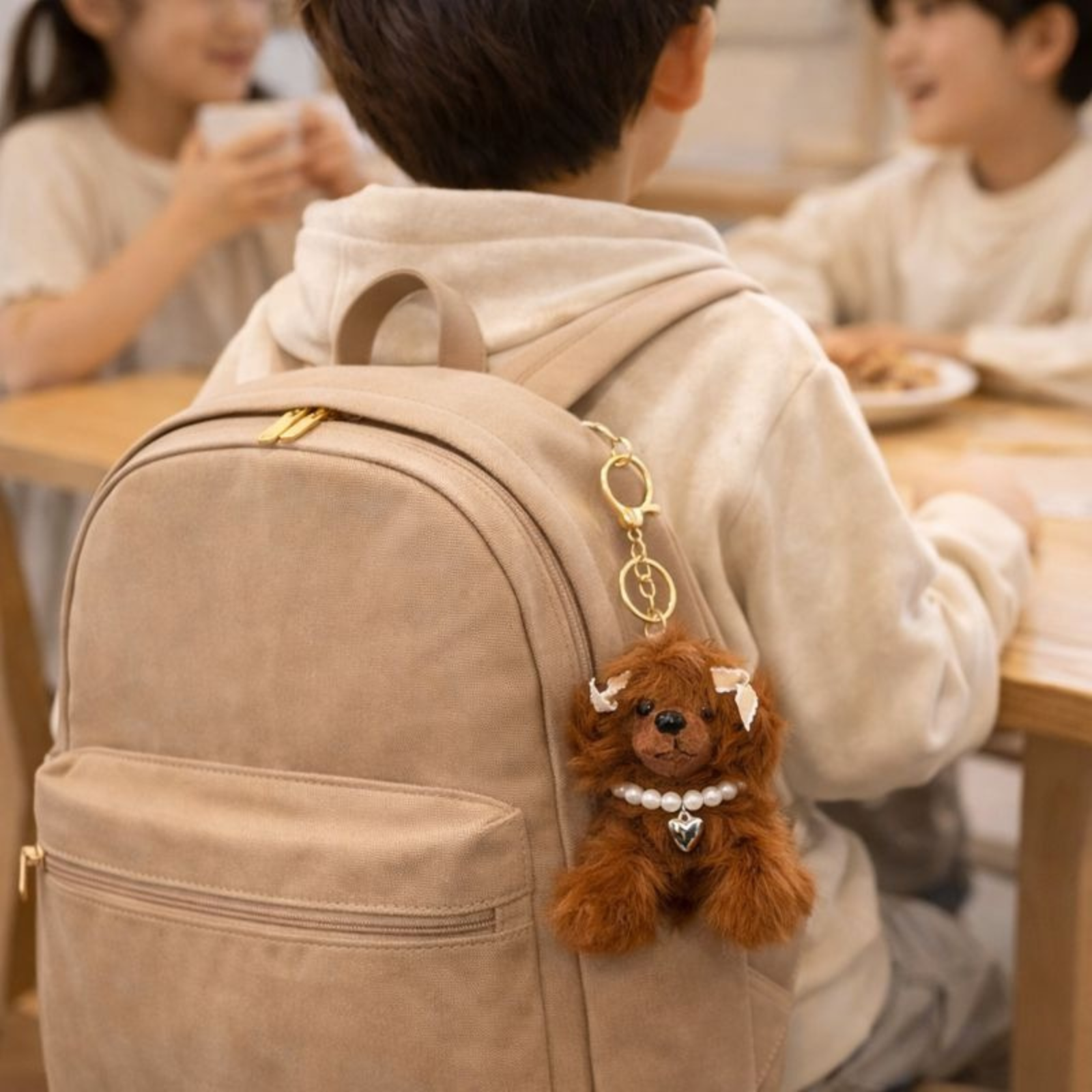 Cute Puppy Plush Keychain with Pearl Necklace & Heart Charm