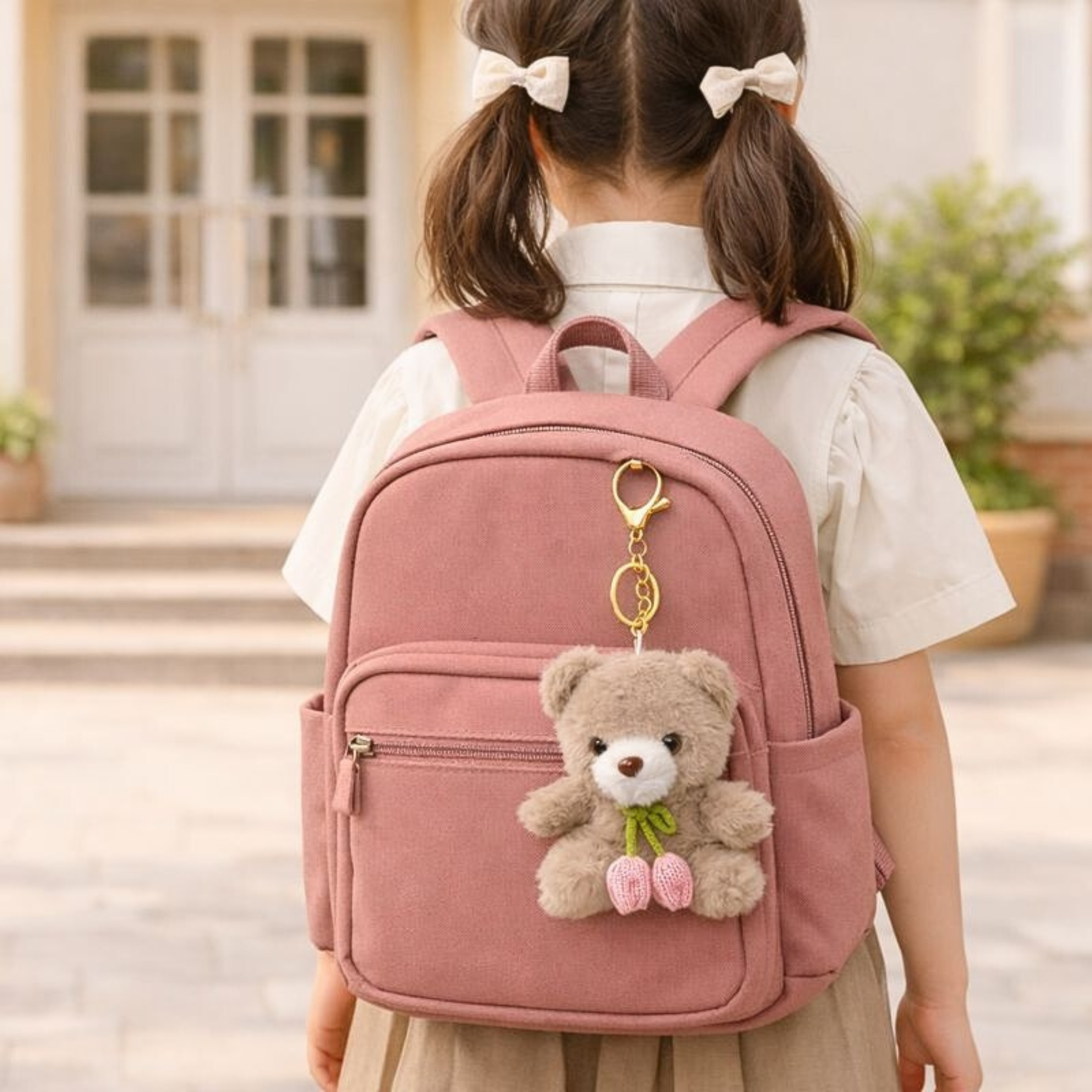 Cute Teddy Bear Plush Keychain with Crochet Flower Detail