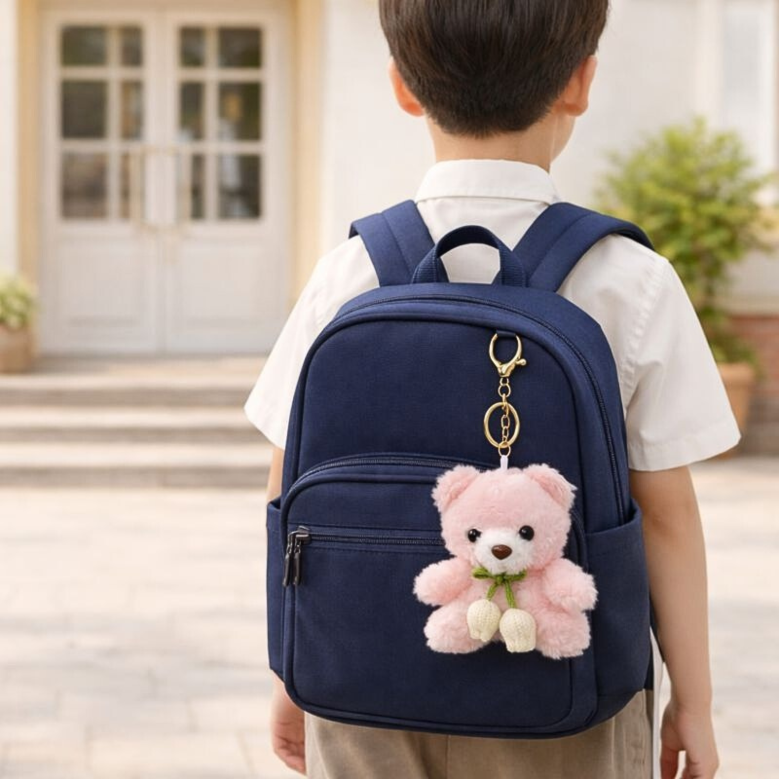 Cute Teddy Bear Plush Keychain with Crochet Flower Detail