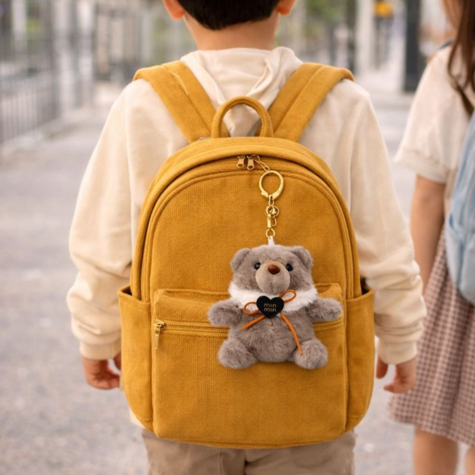 Cute Grey Teddy Bear Plush Keychain with Black Heart Charm