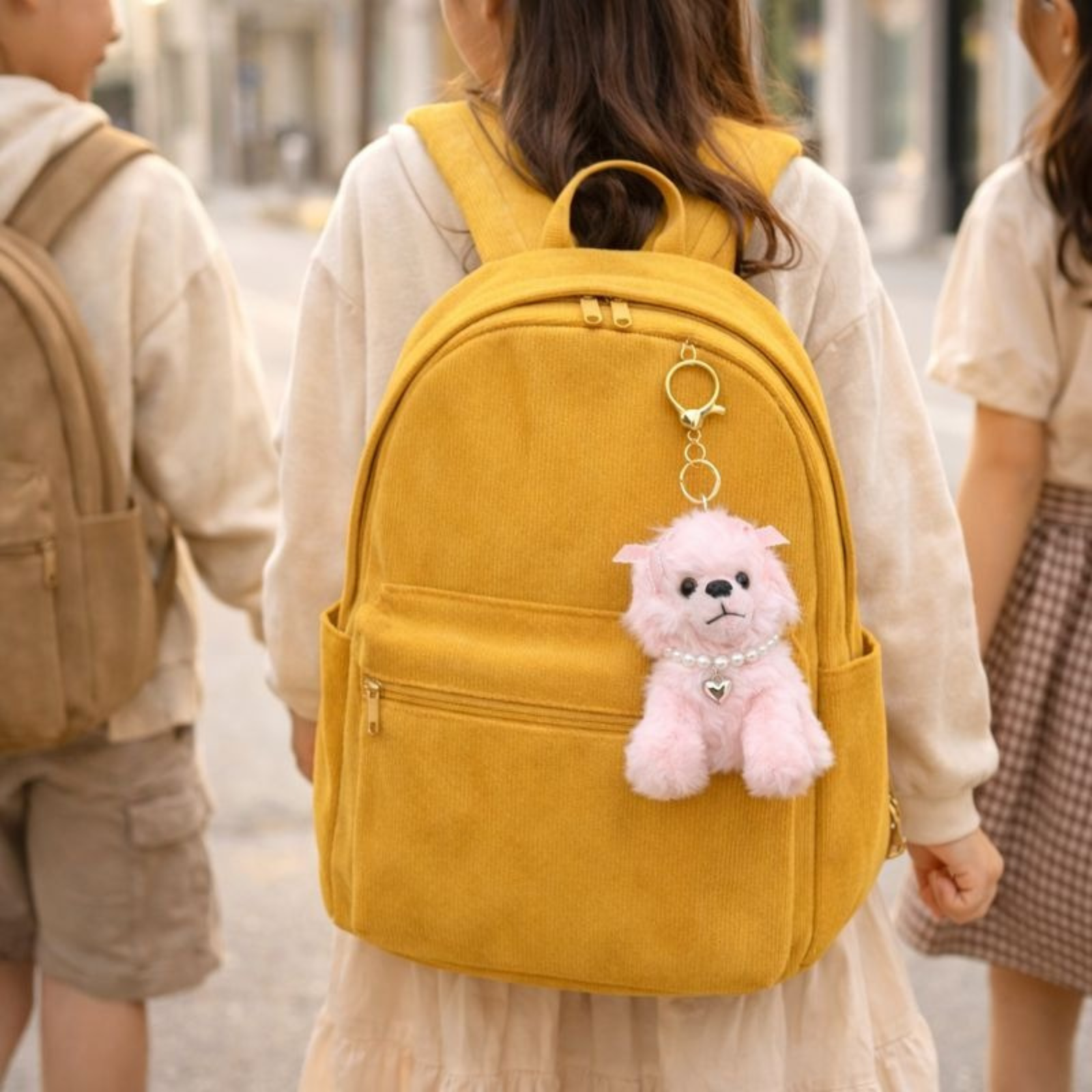 Cute Puppy Plush Keychain with Pearl Necklace & Heart Charm