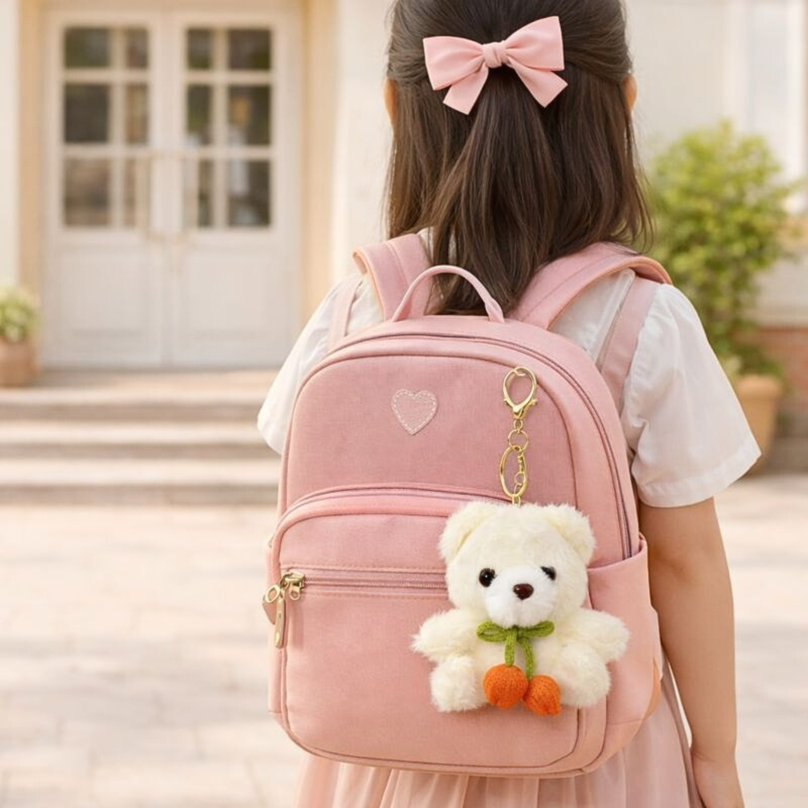 Cute Teddy Bear Plush Keychain with Crochet Flower Detail