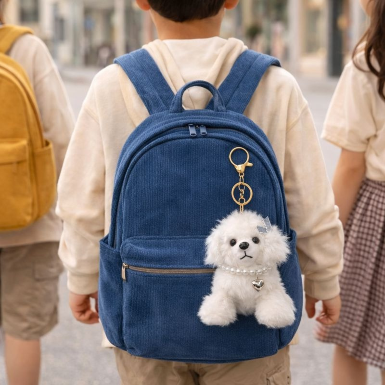 Cute Puppy Plush Keychain with Pearl Necklace & Heart Charm