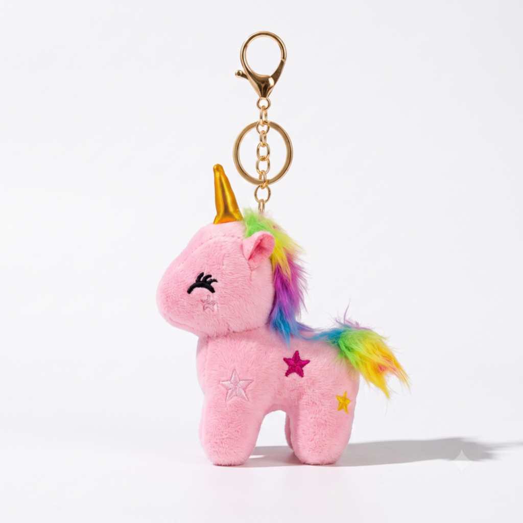 Baby Pink Unicorn Plush Bag Charm with Rainbow Mane & Gold Horn