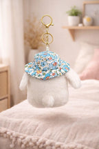Soft Plush Bunny Keychain with Floral Printed Hat and Bow