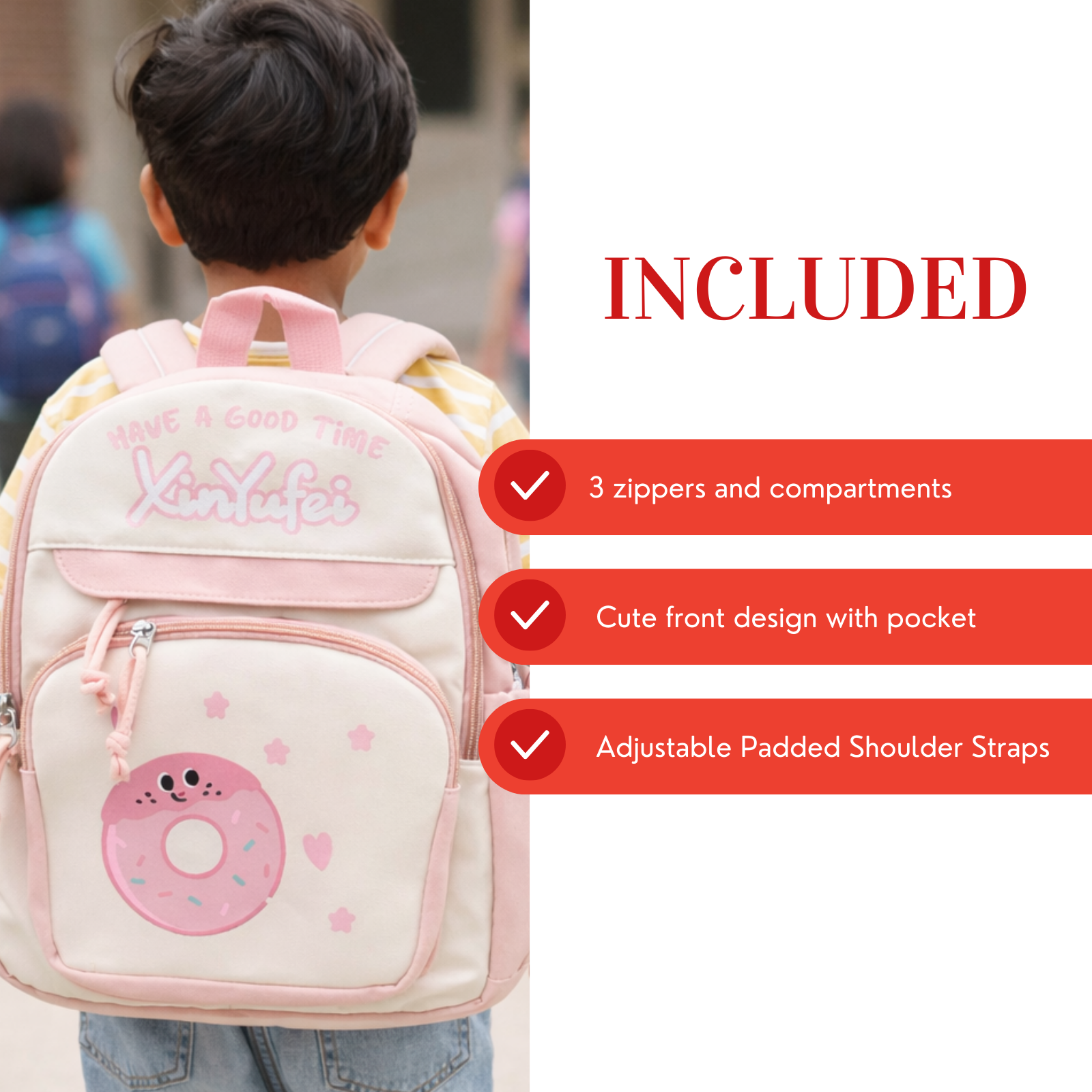 Donut Design Pink Backpack with Chest Strap