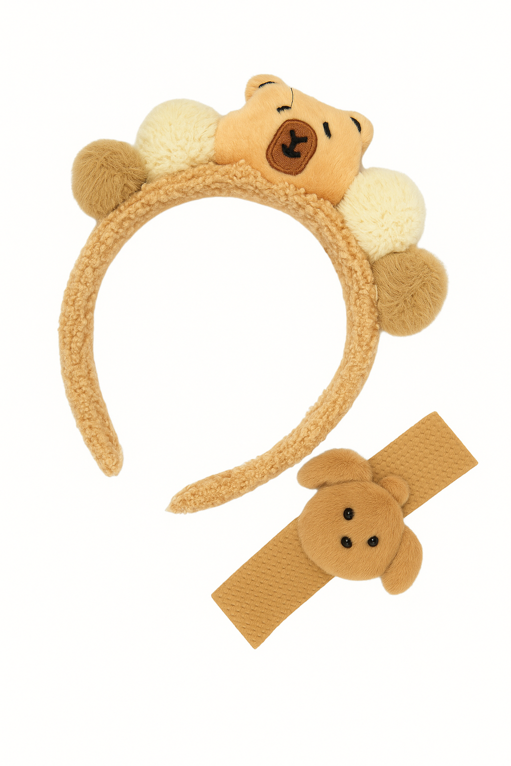 Whumies Plush Hairband & Hairbelt Set for Girls – Soft Cartoon Bear Headband & Elastic Bunny Hair Belt for Toddlers and Kids