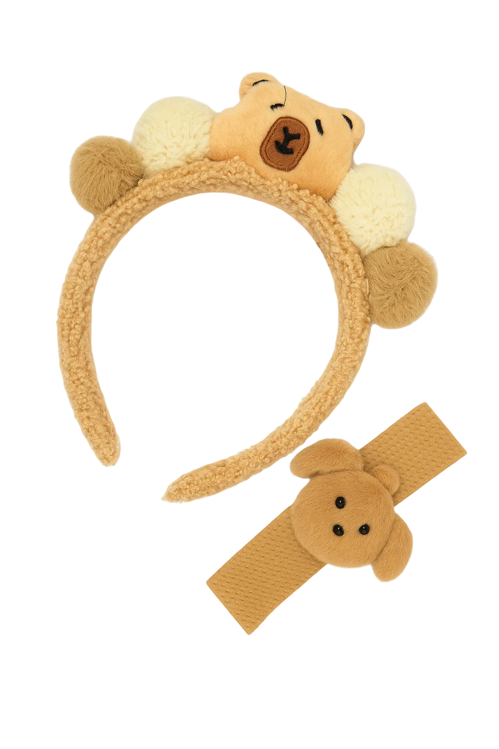 Bear-themed headband and bow tie on a white background