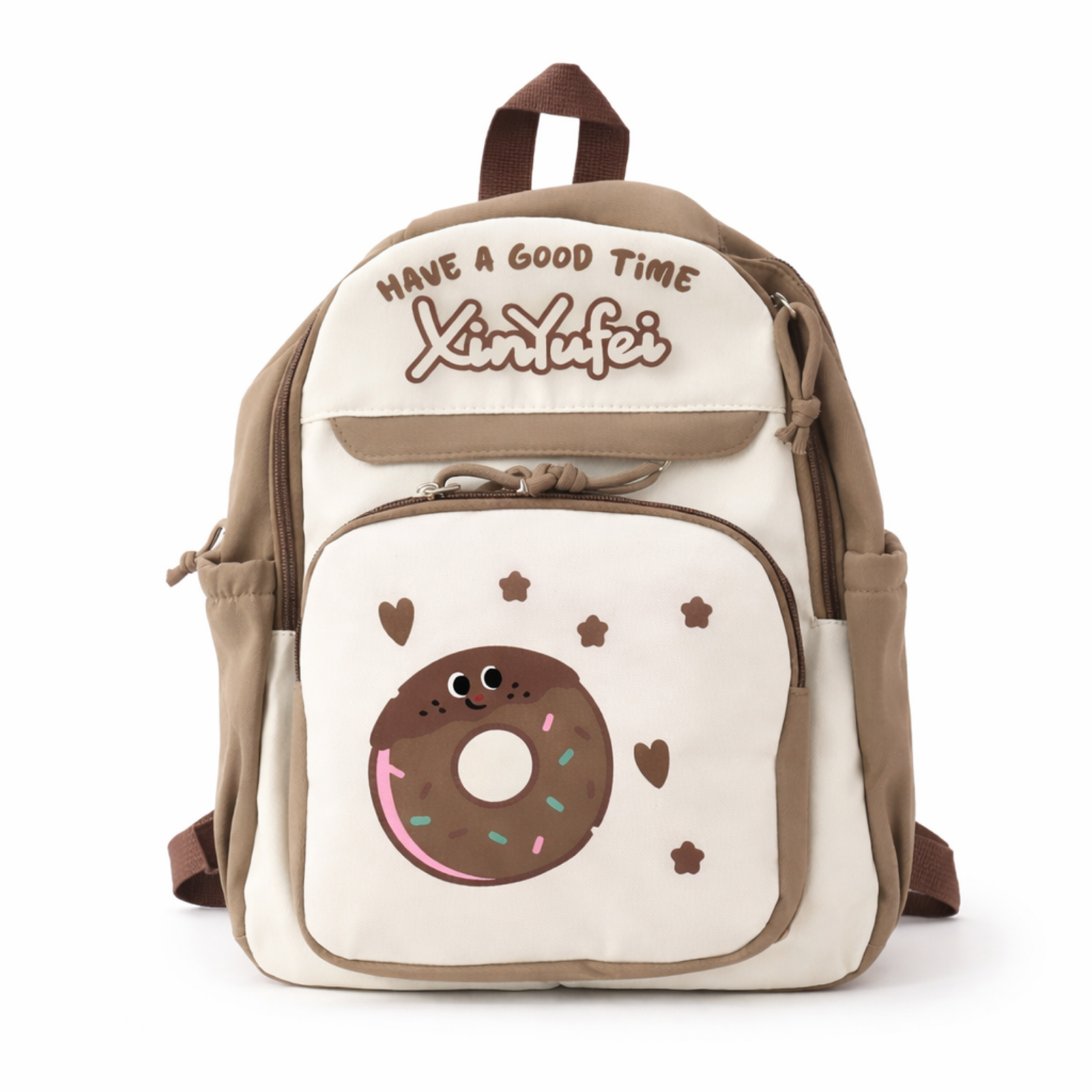 Donut Design Brown Backpack with Chest Strap