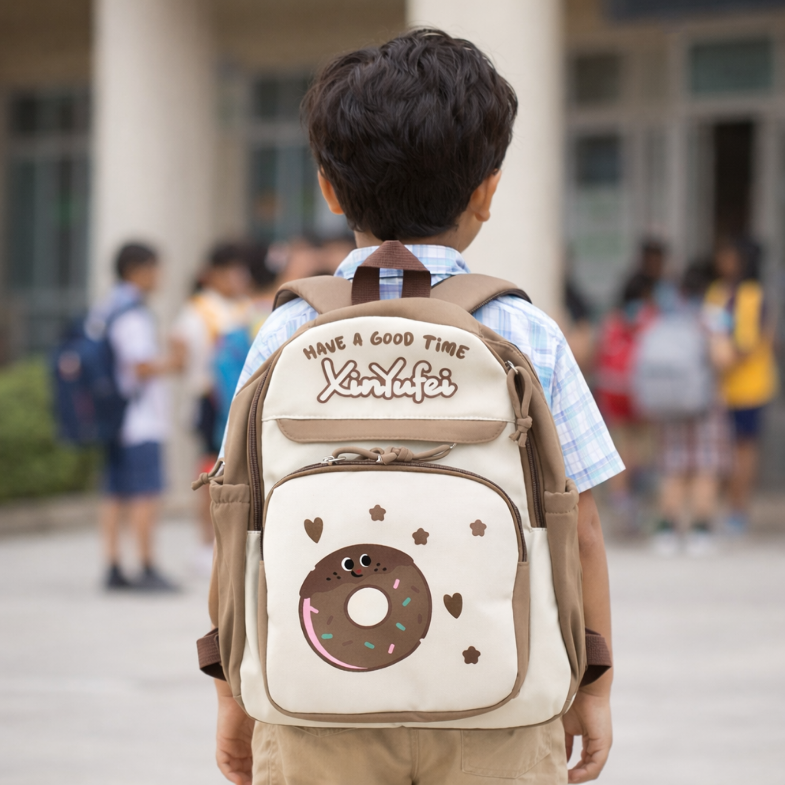 Donut Design Brown Backpack with Chest Strap