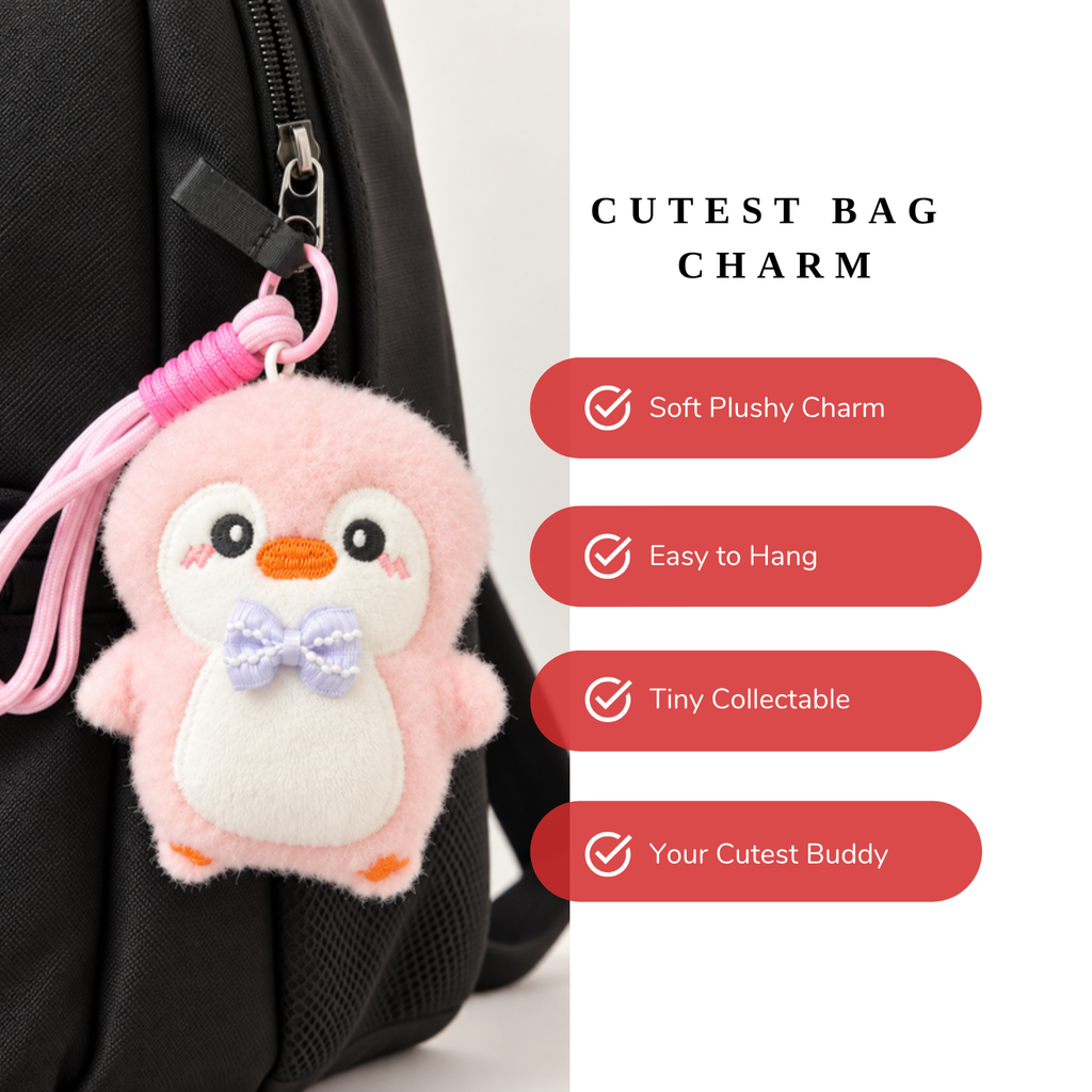 Pink Penguin Plush Keychain with Bow Tie