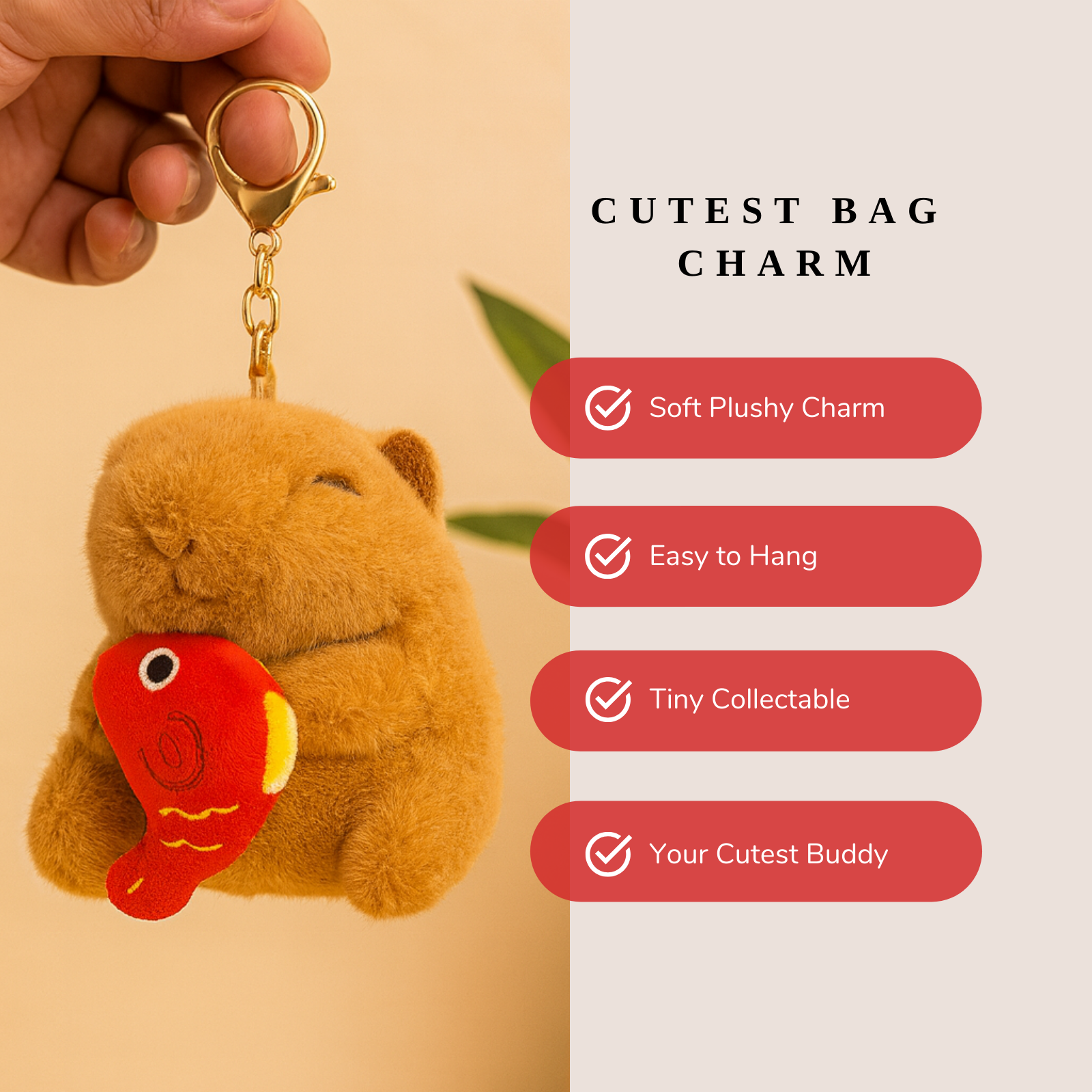 Cute Capybara Plush Keychain with Red Fish