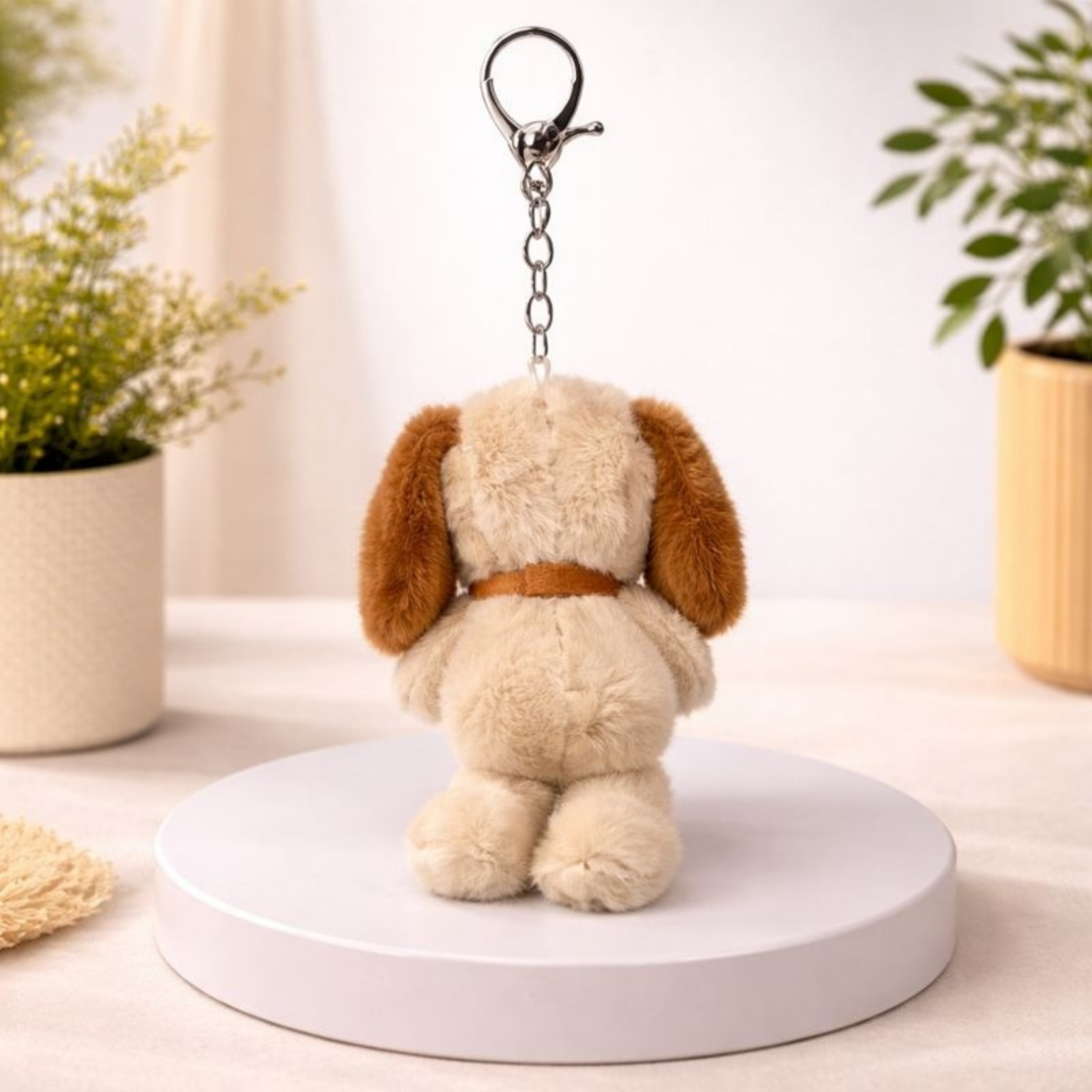Cute Beige Puppy Plush Keychain with Floppy Brown Ears