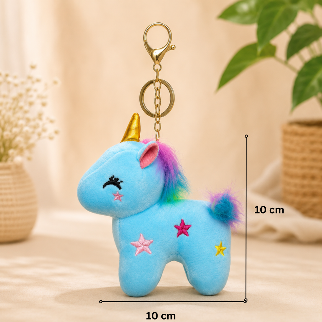 Blue Unicorn Plush Bag Charm with Rainbow Mane & Gold Horn