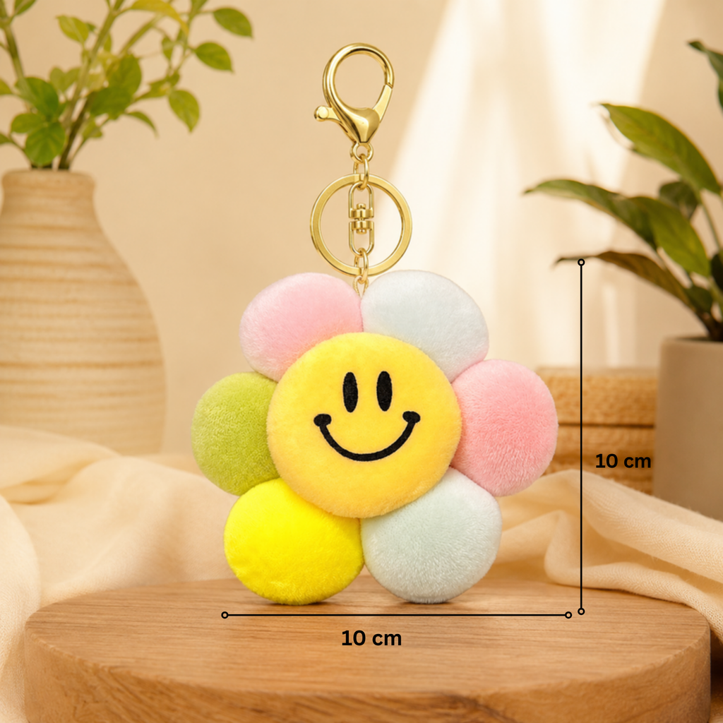 Pastel Smiley Flower Plush Bag Charm with Embroidered Face