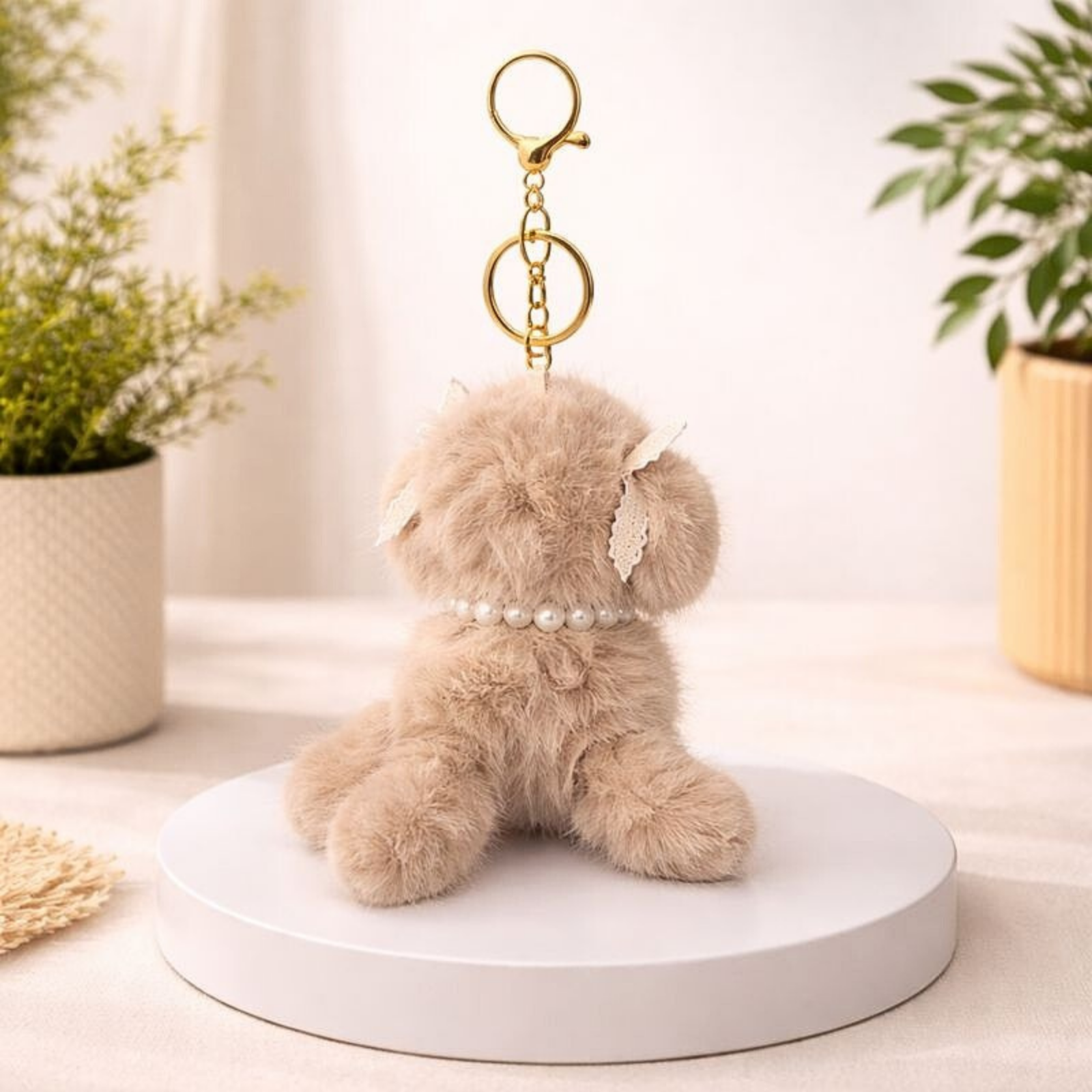 Cute Puppy Plush Keychain with Pearl Necklace & Heart Charm