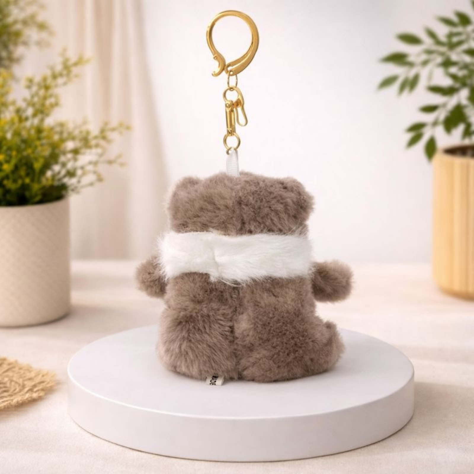 Cute Grey Teddy Bear Plush Keychain with Black Heart Charm