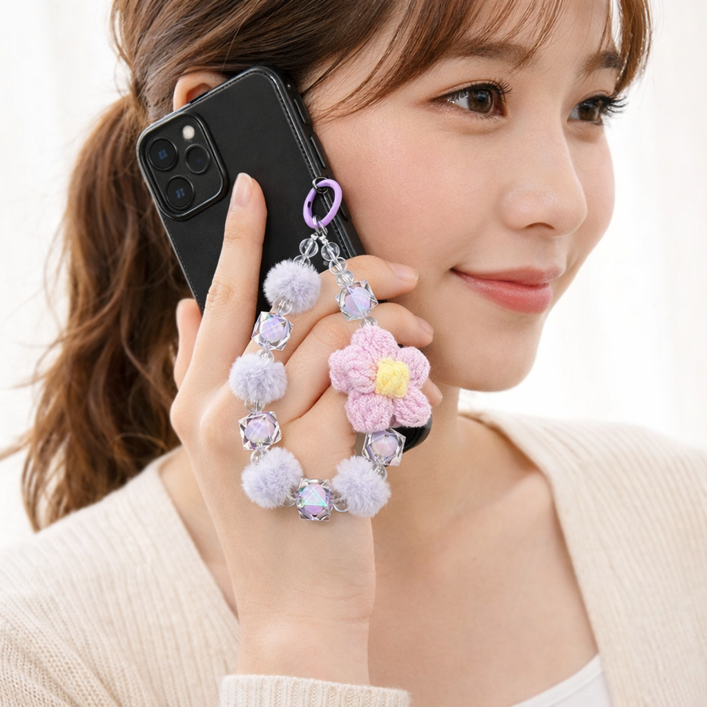 Pastel Crochet Flower Mobile Charm with Beads & Pom Poms