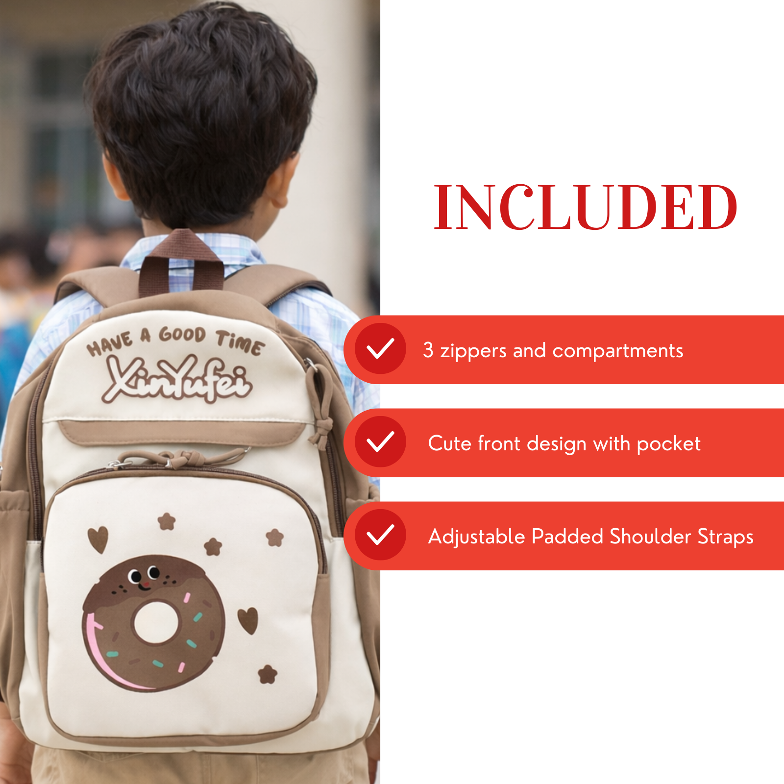 Donut Design Brown Backpack with Chest Strap