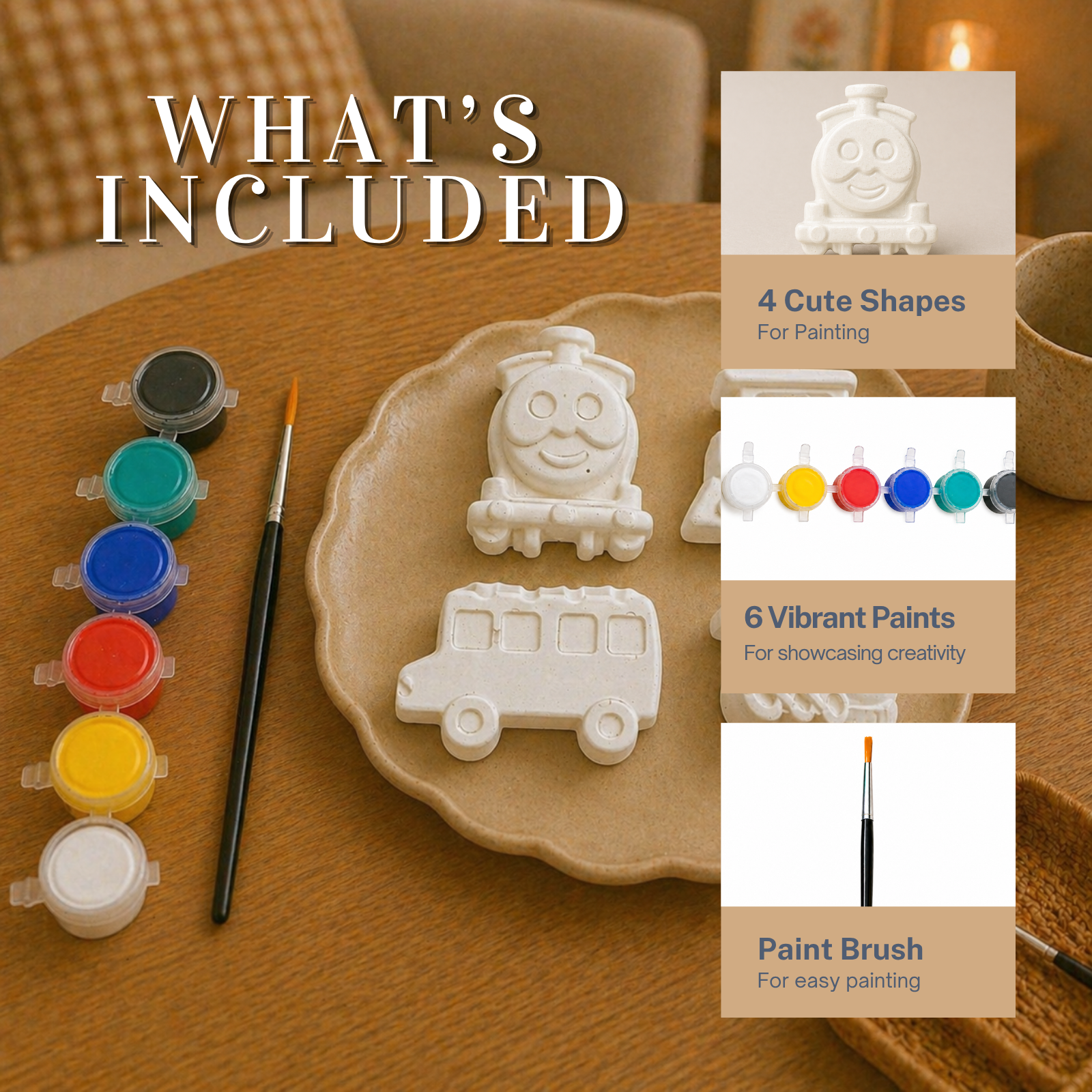 Vehicle DIY Painting Kit (Smiling Train Face, Steam Engine, School Bus & Mini Locomotive)