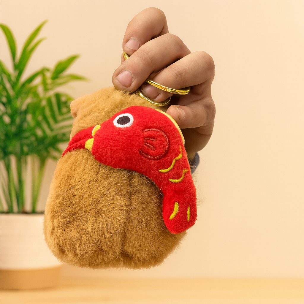 Capybara Plush Keychain with Red Bag