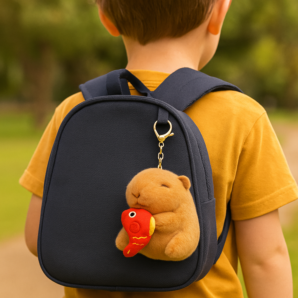 Cute Capybara Plush Keychain with Red Fish