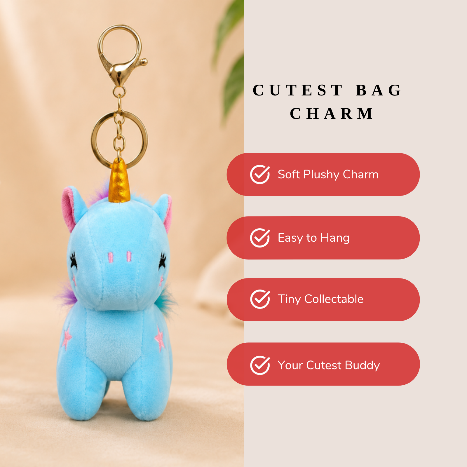 Blue Unicorn Plush Bag Charm with Rainbow Mane & Gold Horn