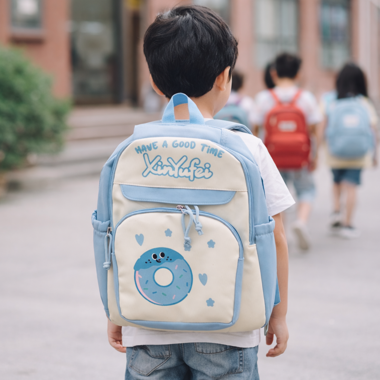 Donut Design Blue Backpack with Chest Strap