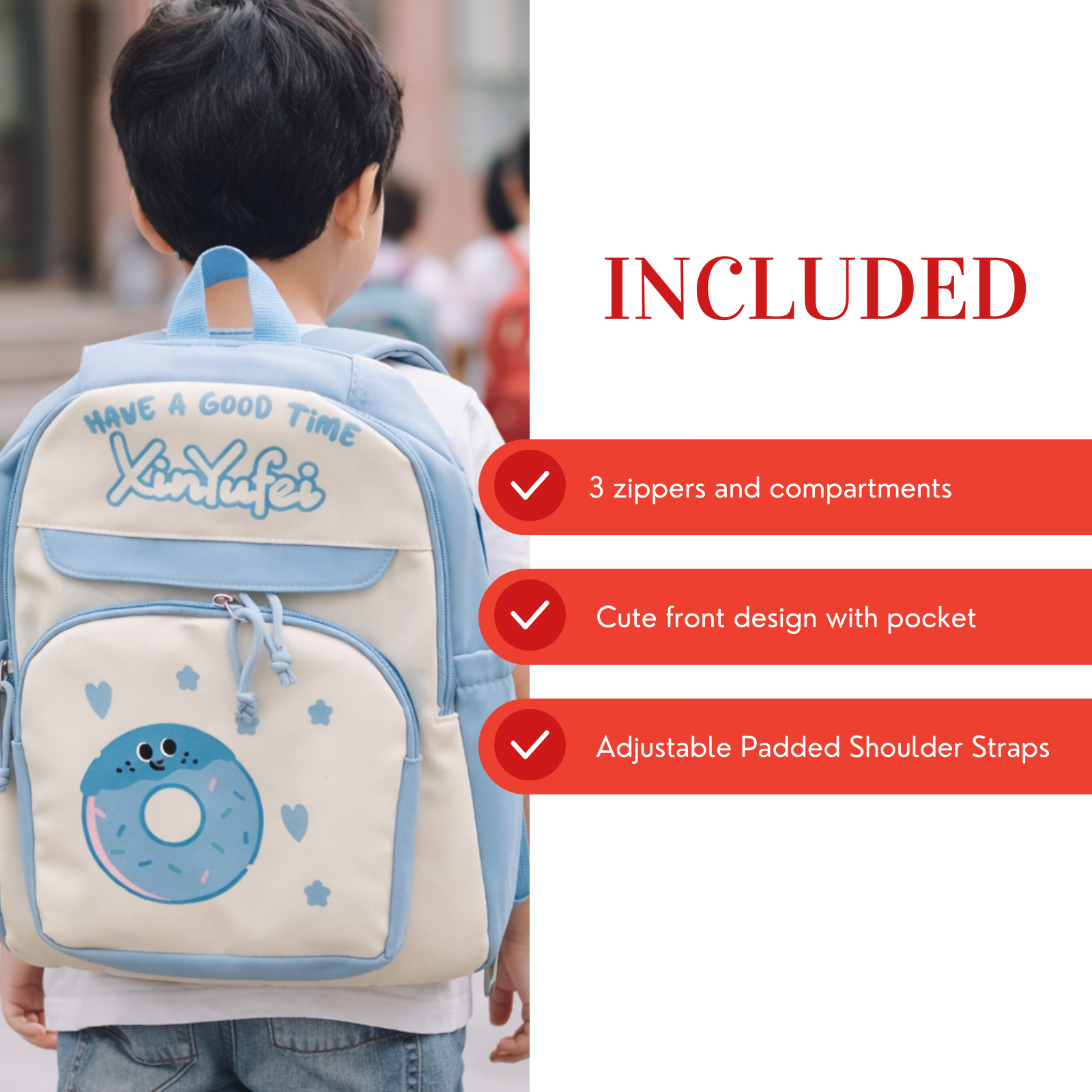 Donut Design Blue Backpack with Chest Strap