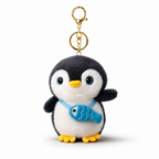 Black Penguin Plush Bag Charm with Blue Fish Pouch