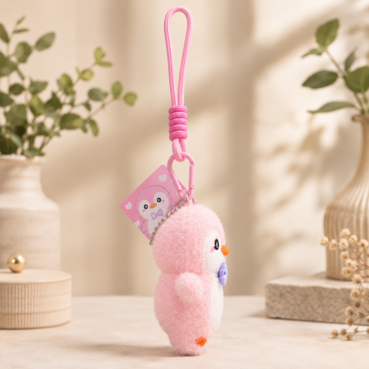 Pink Penguin Plush Keychain with Bow Tie