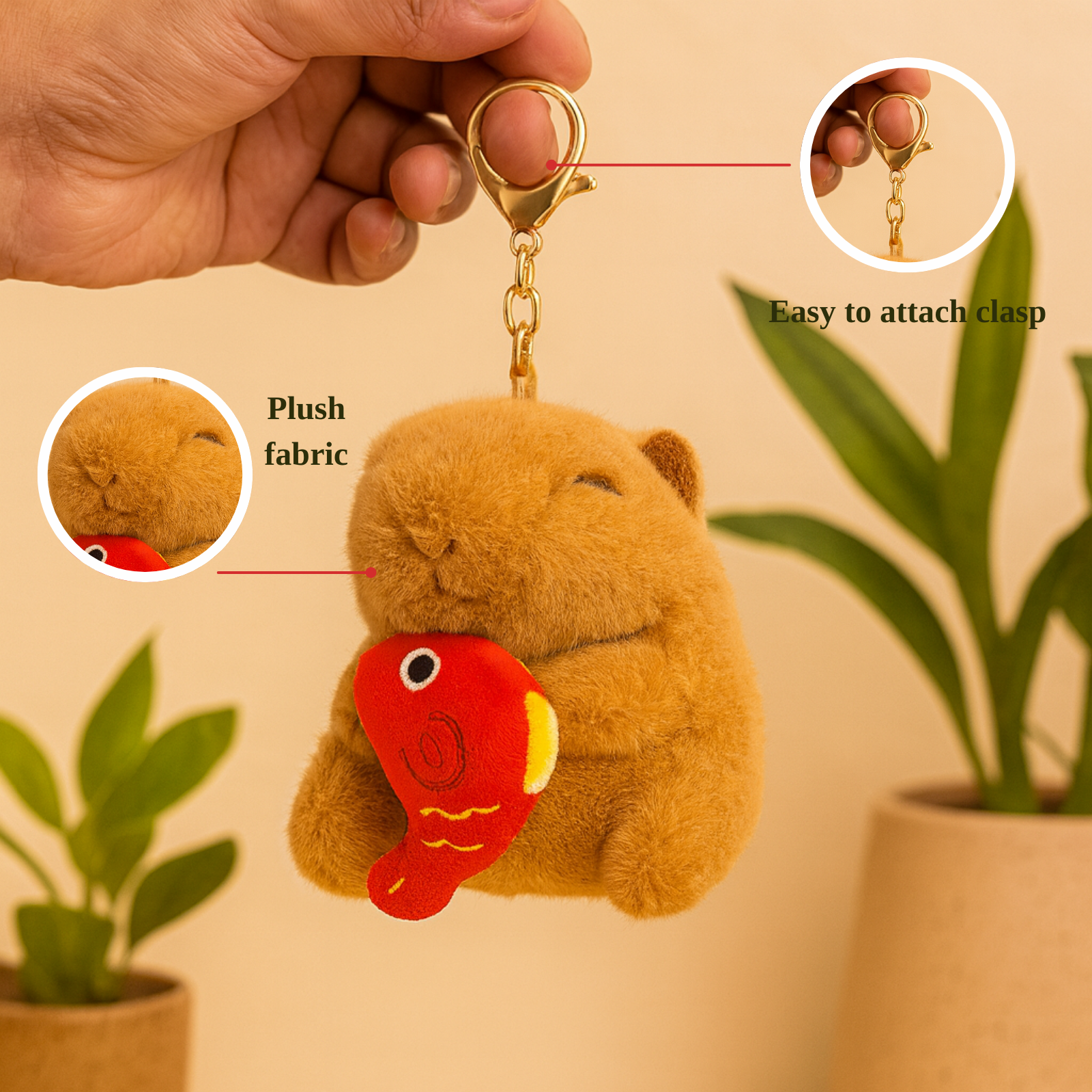 Cute Capybara Plush Keychain with Red Fish