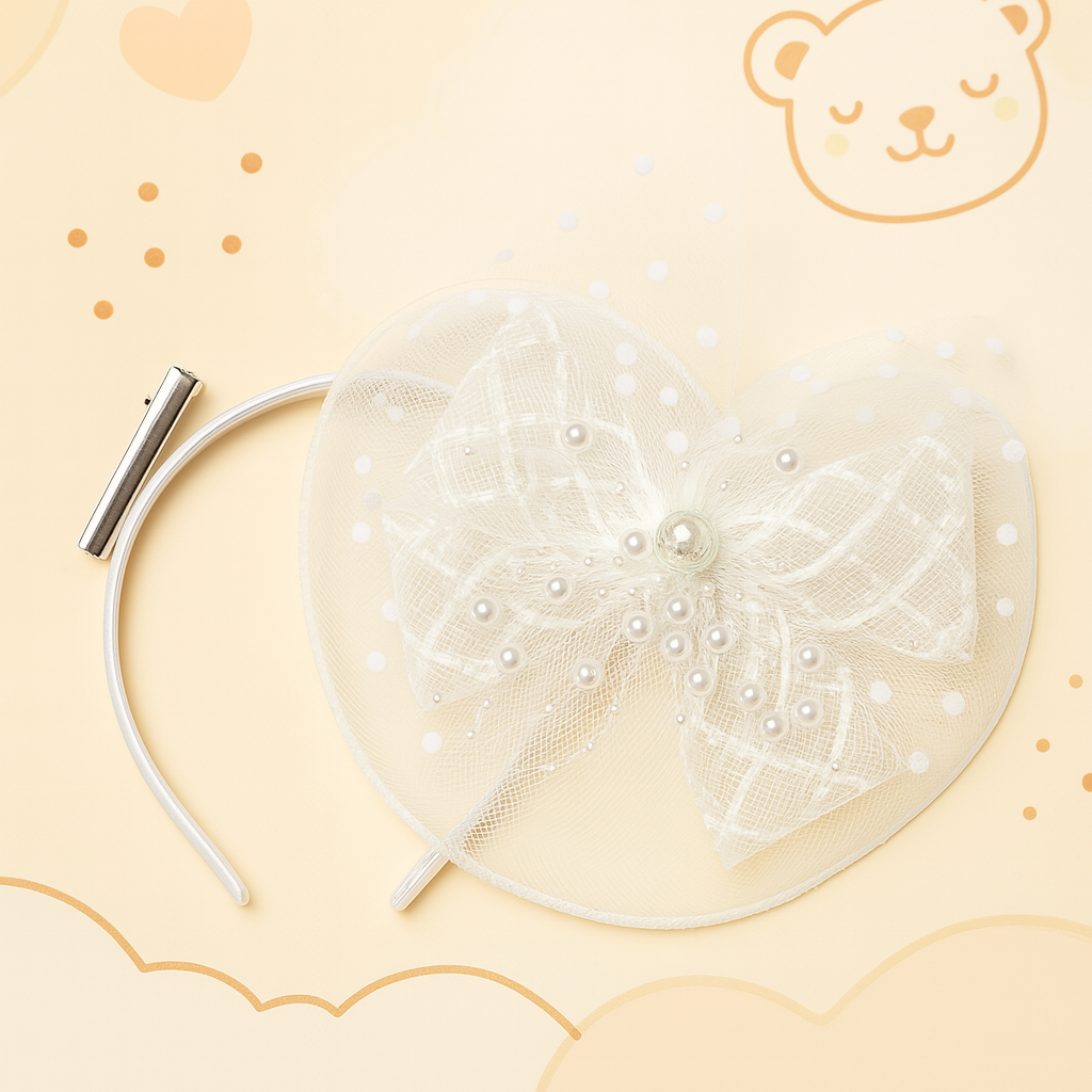 Whumies 2-in-1 Pearl Bow Hairband & Clip – White Designer convertible Headpiece for Girls