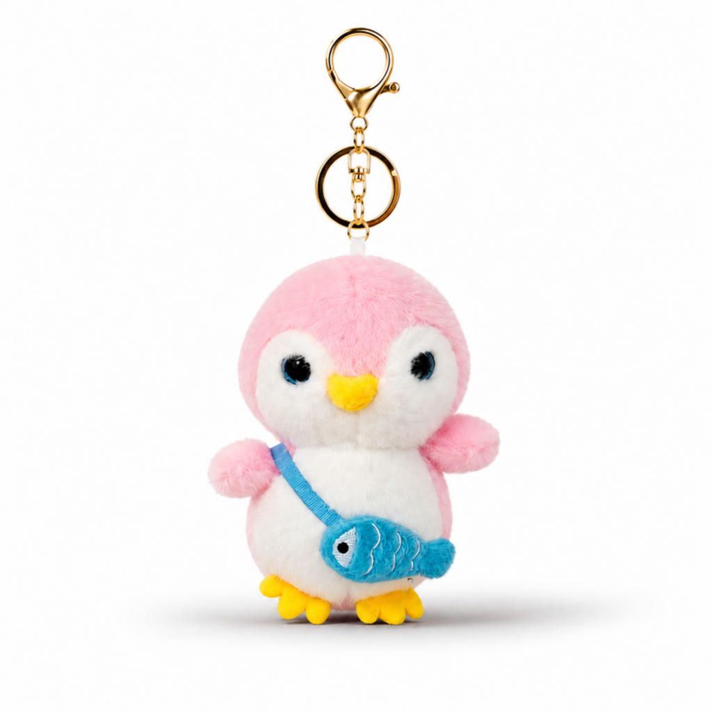 Pink Penguin Plush Bag Charm with Blue Fish Pouch